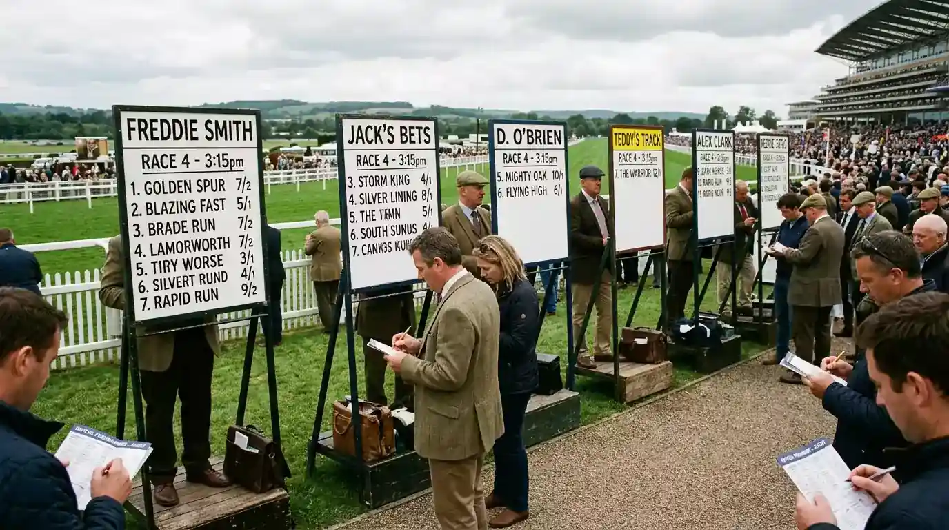 On-course bookmakers at a British racecourse displaying each-way odds on their boards
