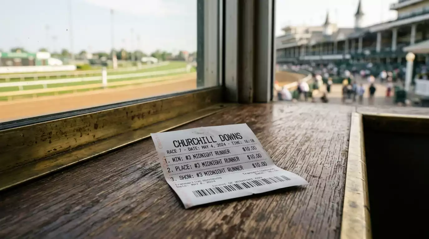 Betting slip showing three separate wagers on a single horse at an American racetrack window