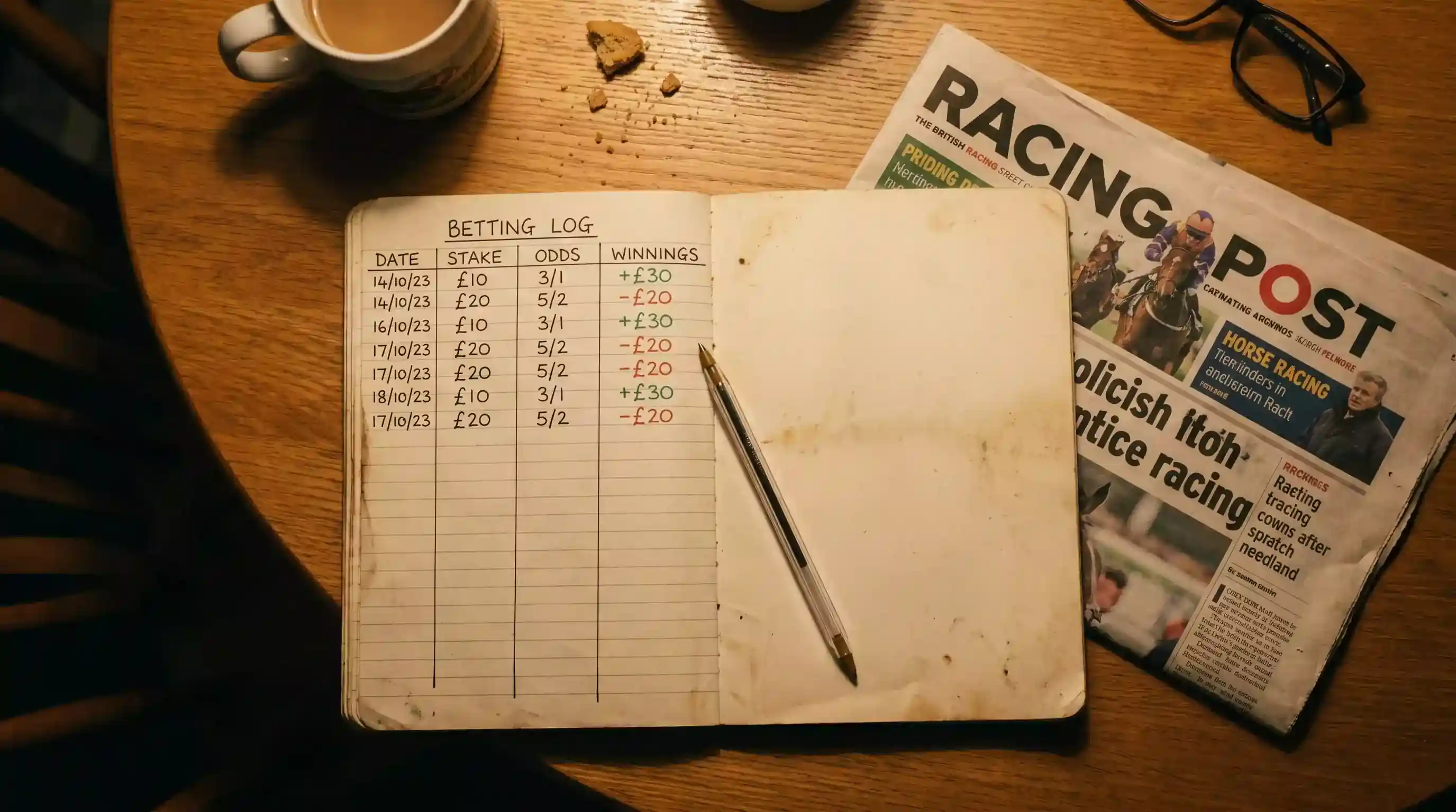 Notebook with a staking plan table and racing form guide open on a desk