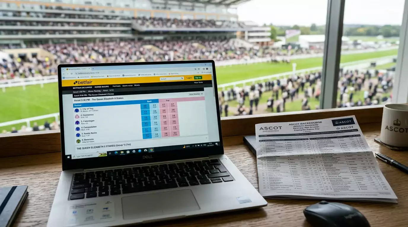 Laptop screen showing a betting exchange place market interface with back and lay columns for a UK horse race