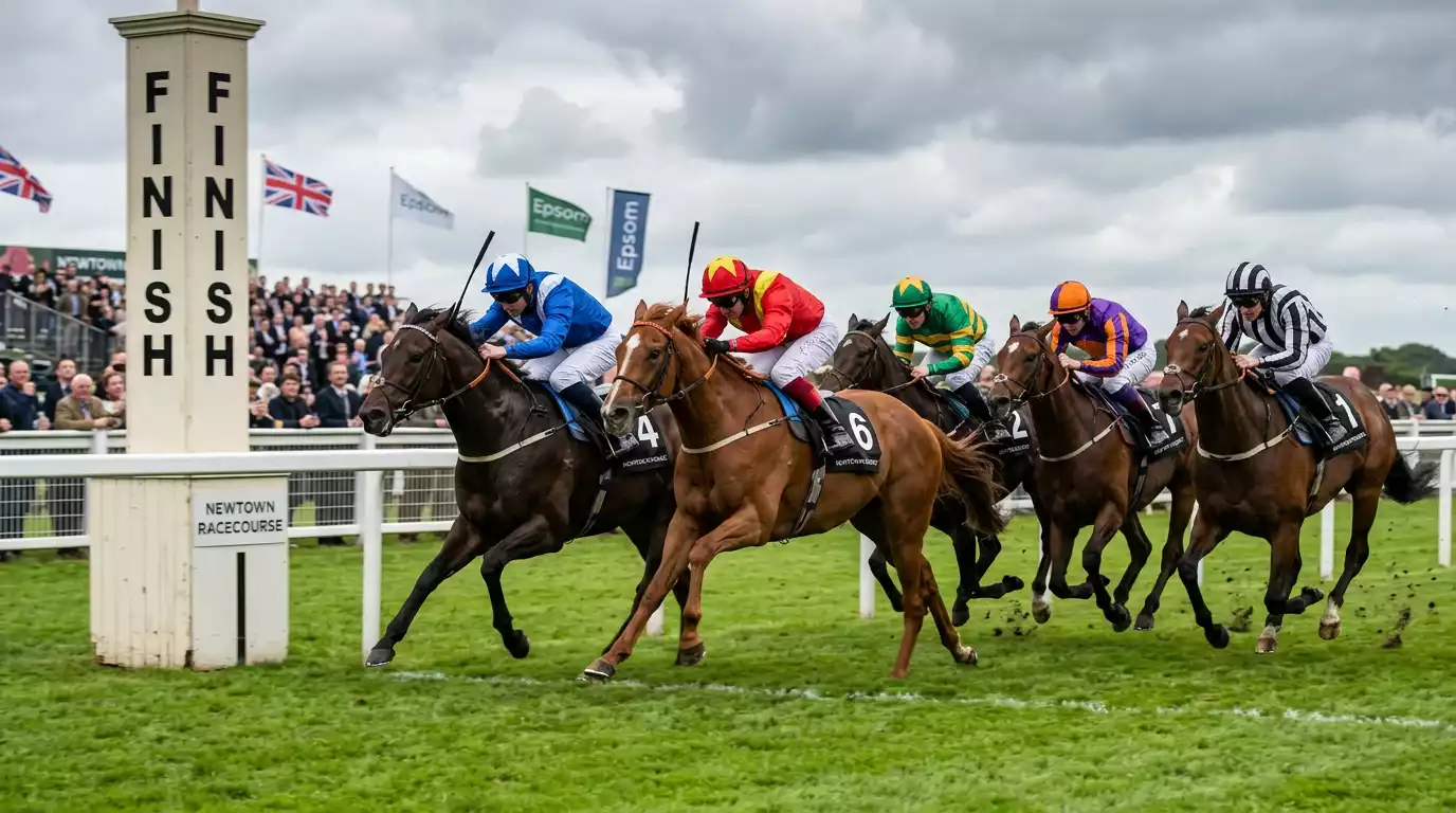 Group of horses racing closely together past a finishing post on a British racecourse