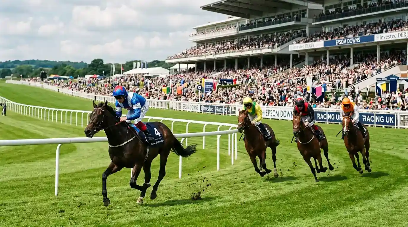 Horse racing at a British racecourse with crowds and green turf