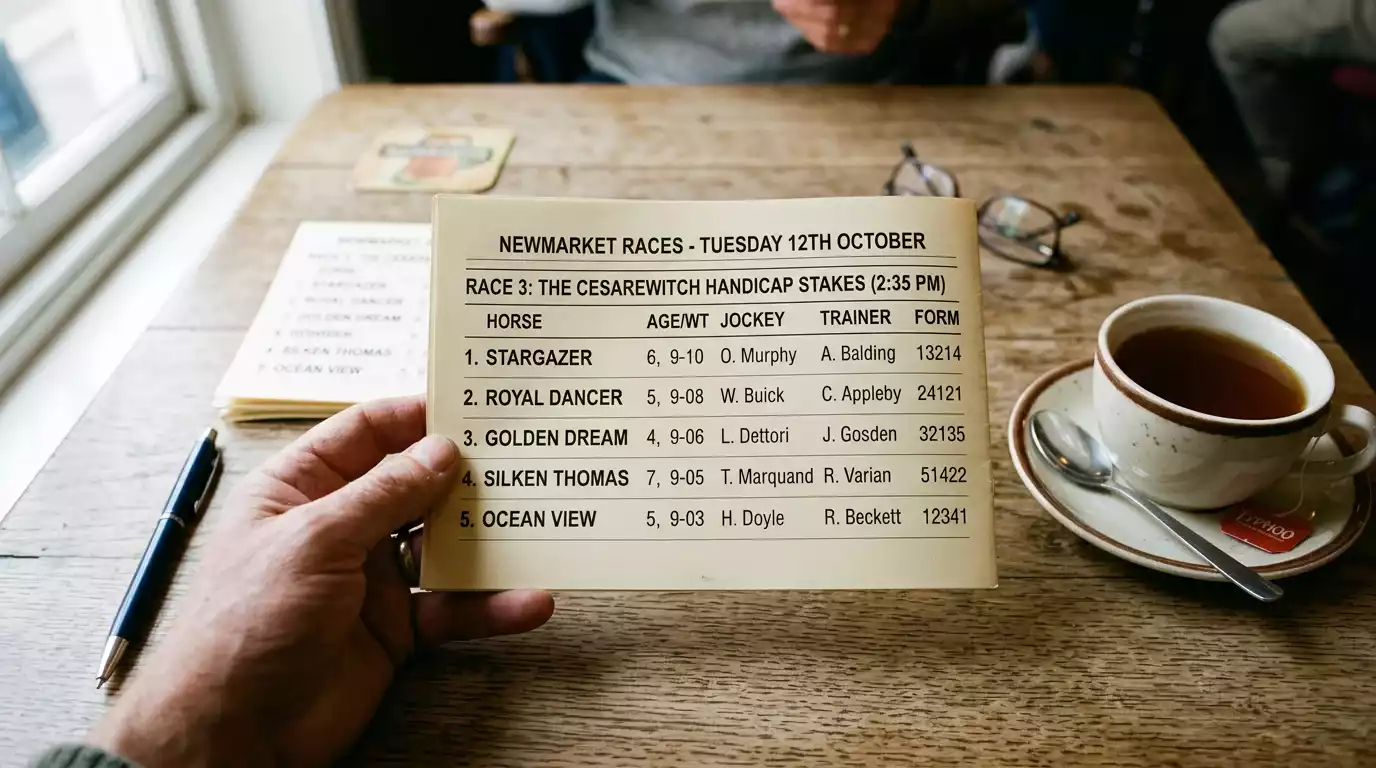 Close-up of a horse racing racecard showing runners, odds, and place terms for a UK handicap