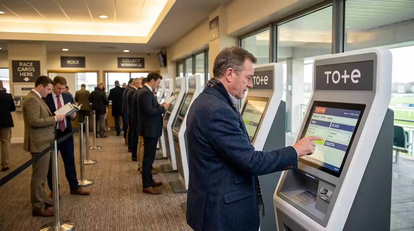 Tote betting terminal at a British racecourse showing place pool dividends