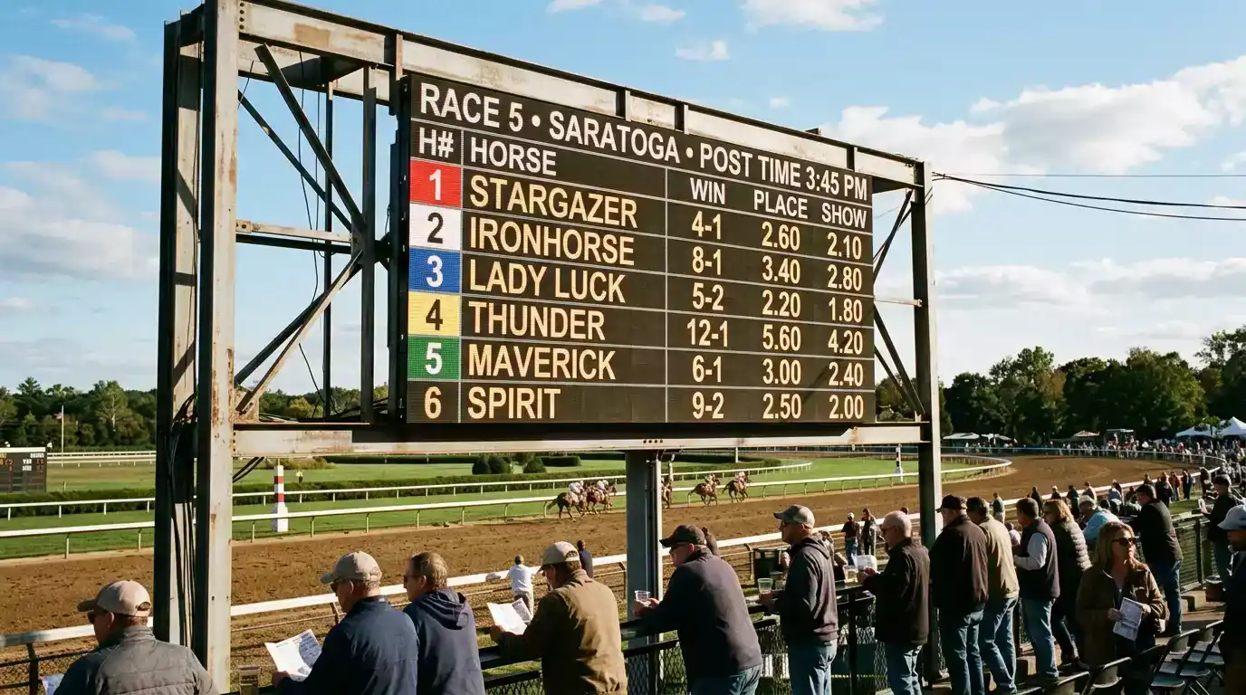 Tote board displaying win, place, and show odds at a North American horse racetrack